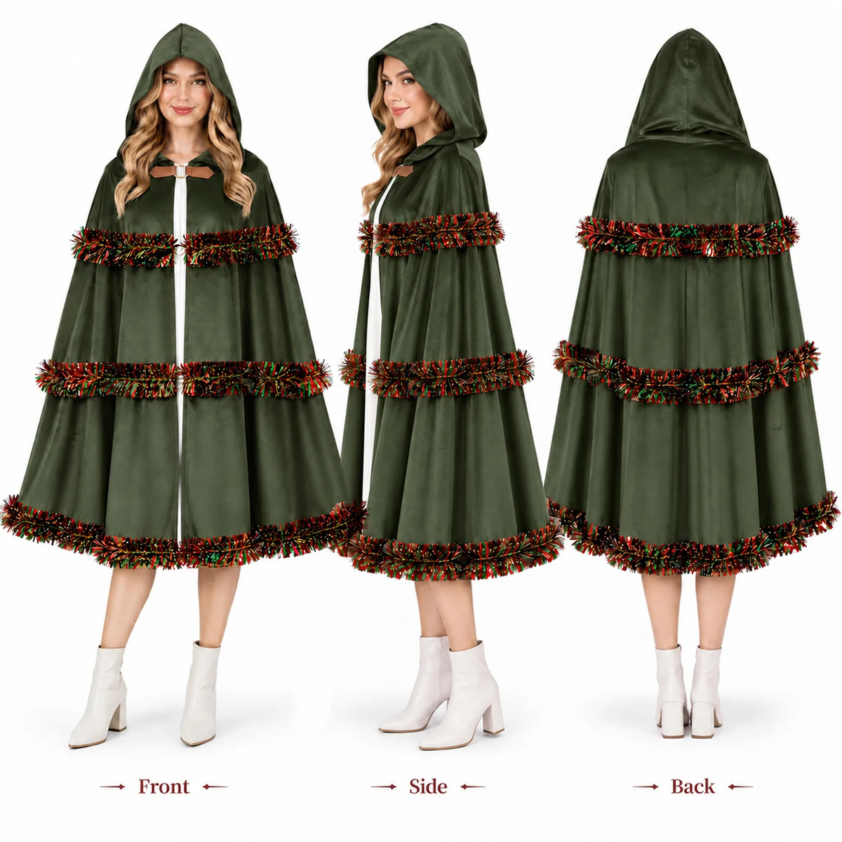 Front, side, and back views show the green cloak on a model.