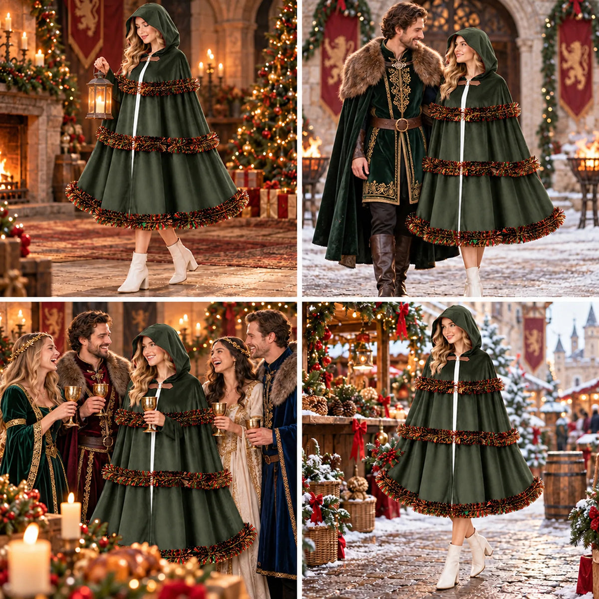 A collage shows the green cloak in indoor and outdoor holiday scenes.
