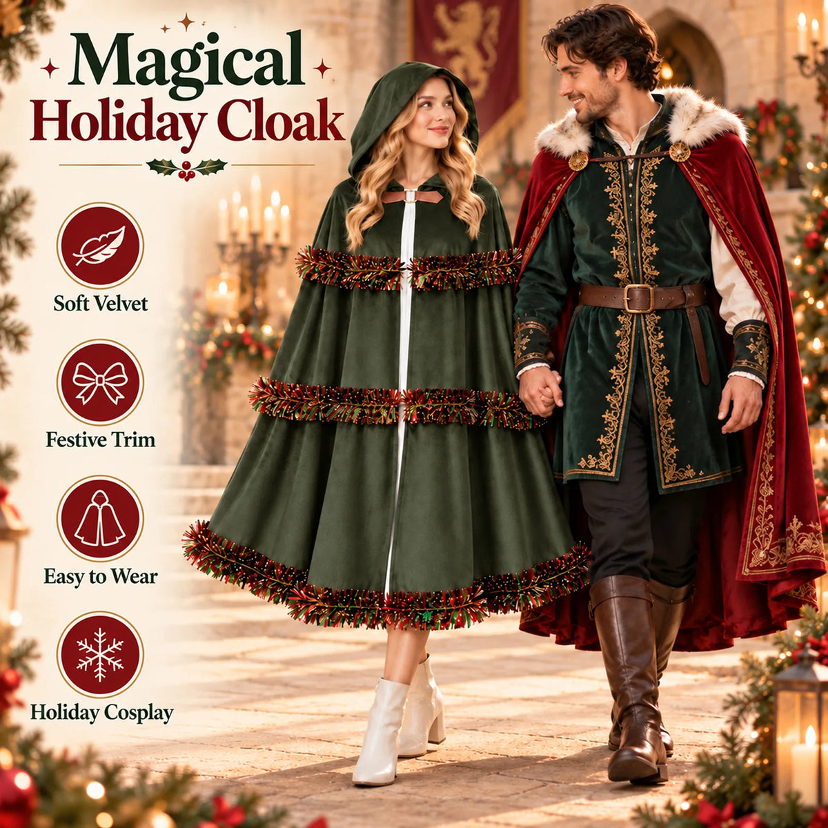 A model wears the green cloak in a festive scene beside another costumed person.
