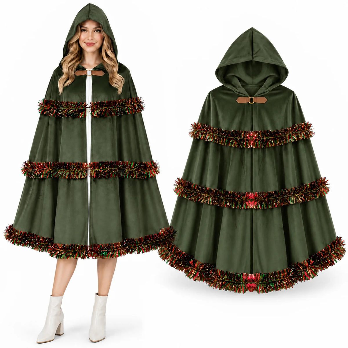 A model and a front display show the green hooded Christmas cloak.