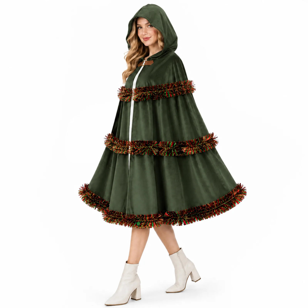 A model wears the green hooded cloak with festive tinsel trim.