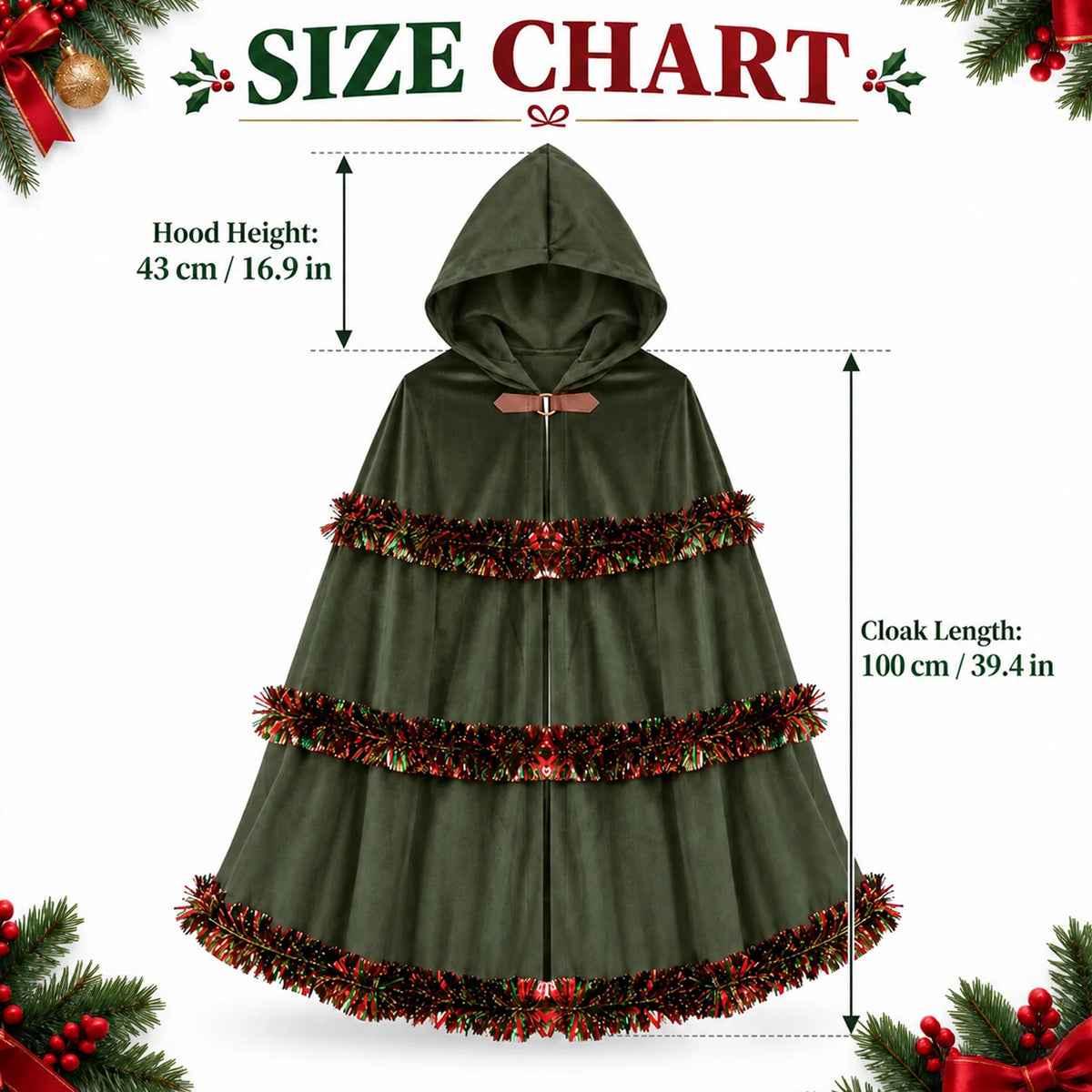 The green cloak size diagram shows hood height and cloak length in two units.