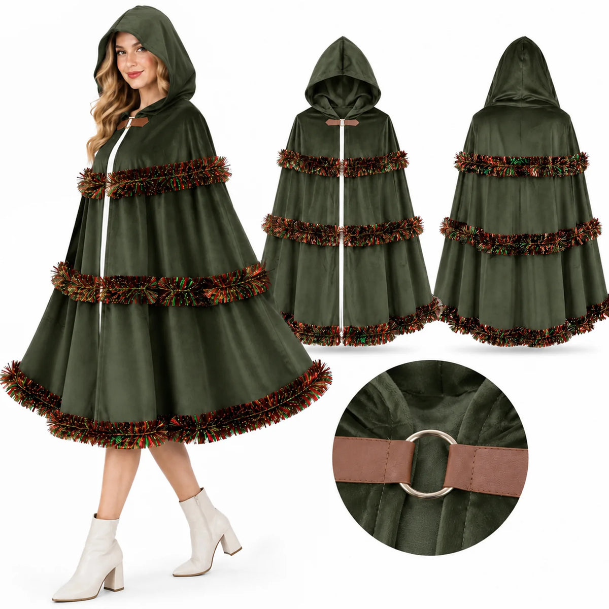 The green cloak is shown on a model, from both sides, and at the ring closure.