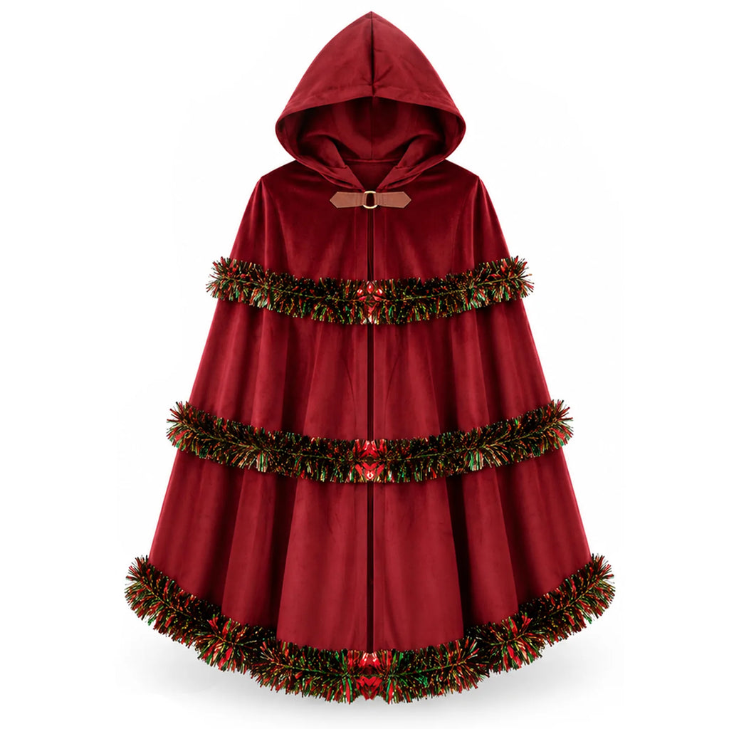 The red hooded cloak is displayed from the front with three tinsel bands.