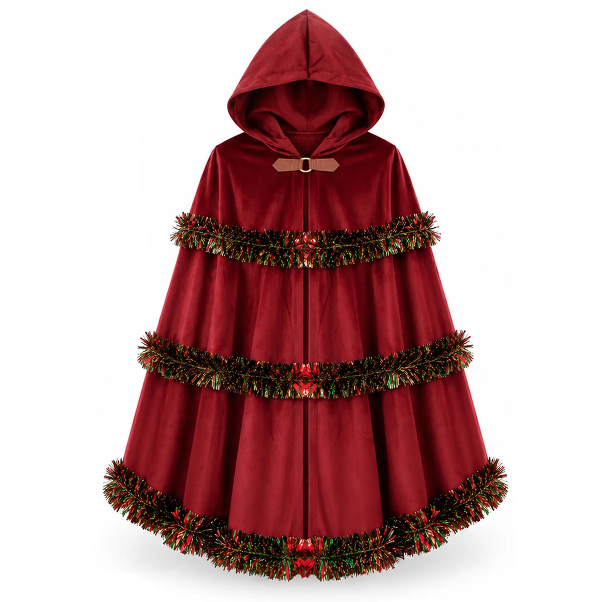 The red hooded cloak is displayed from the front with three tinsel bands.