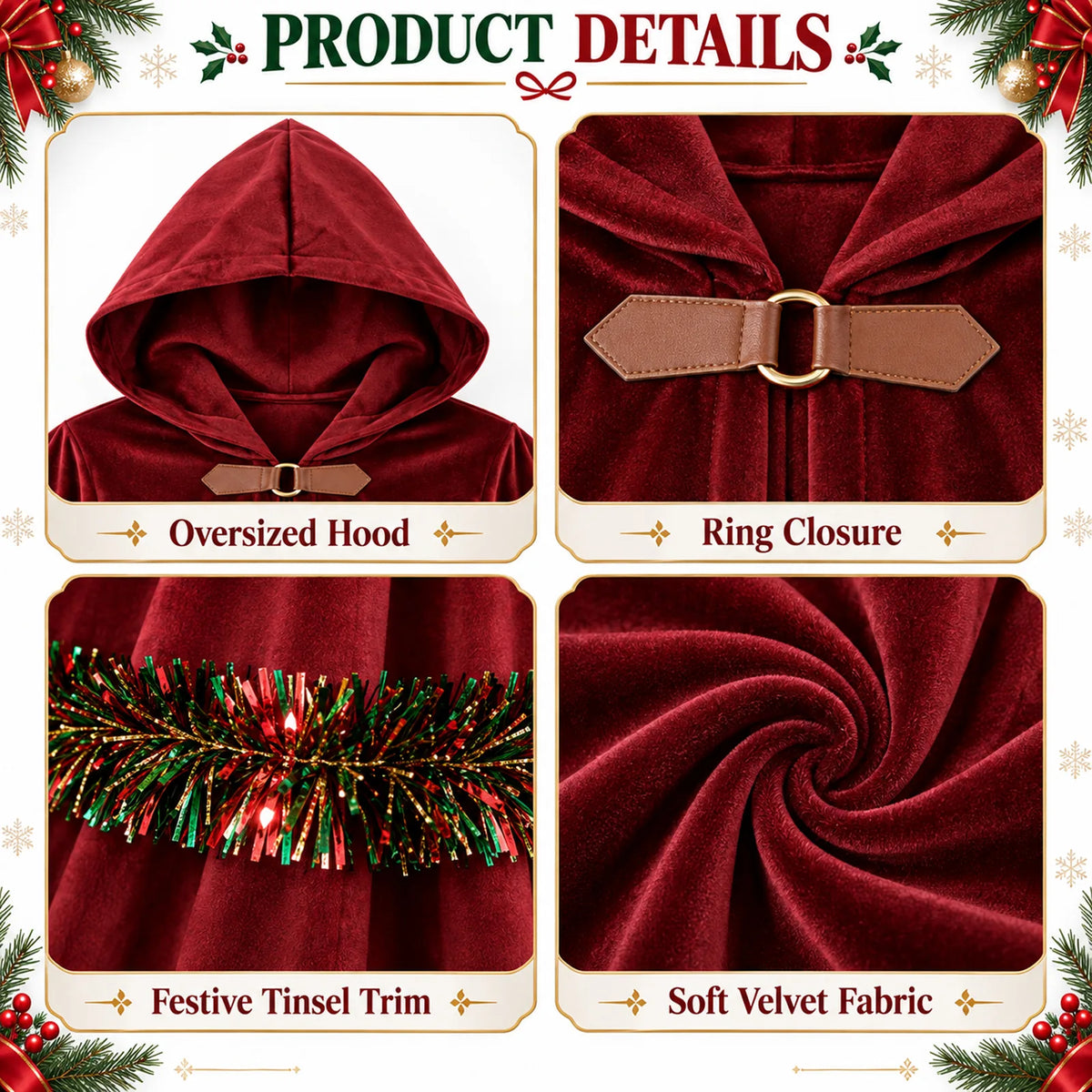 The red cloak detail graphic labels the hood, ring closure, tinsel trim and velvet.