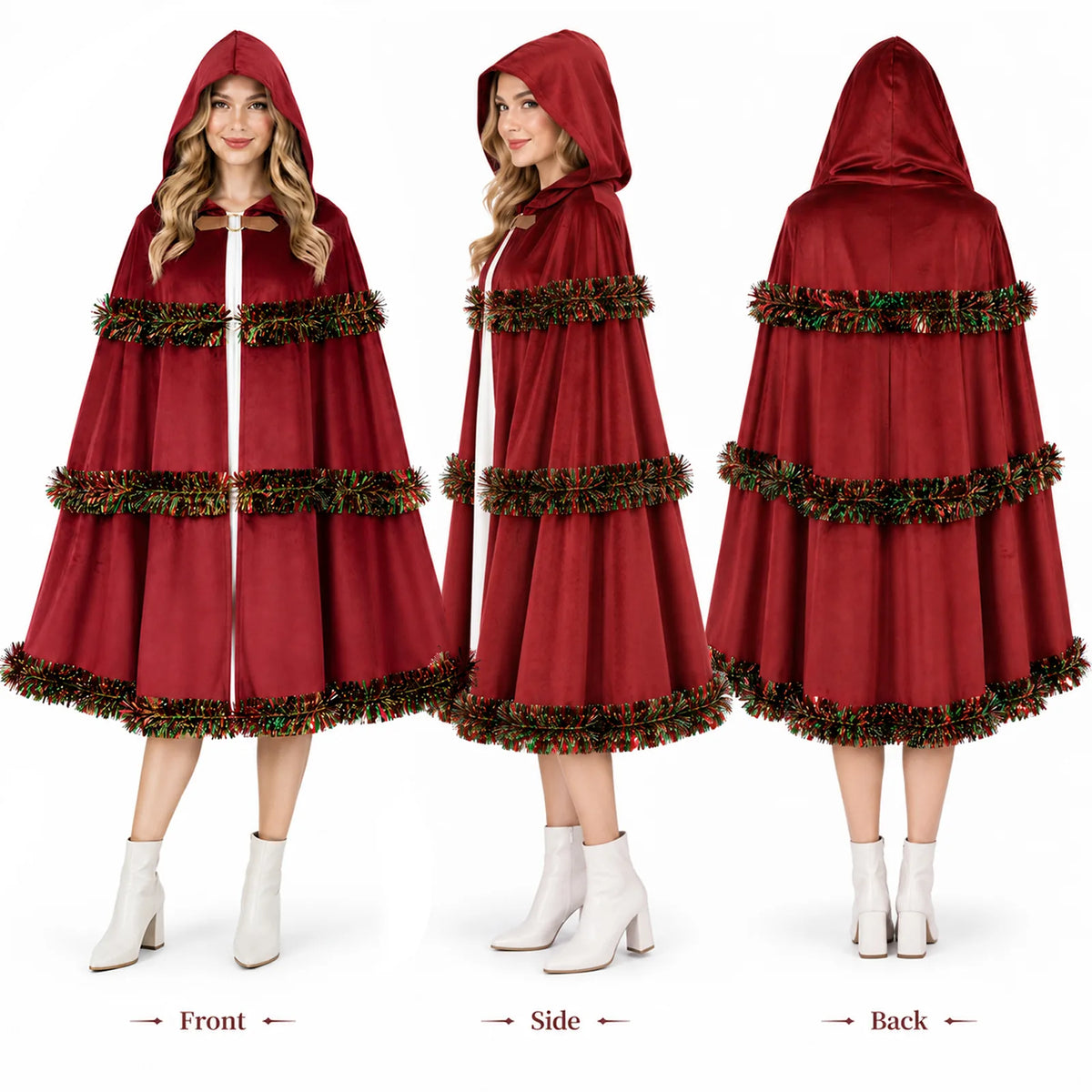 Front, side, and back views show the red cloak on a model.
