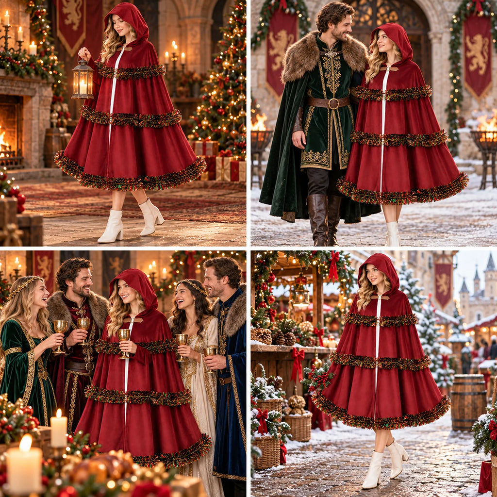 A collage shows the red cloak in indoor and outdoor holiday scenes.