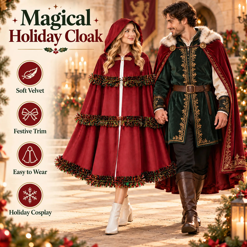 A model wears the red cloak in a festive scene beside another costumed person.