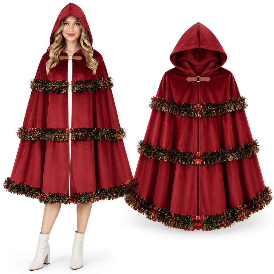 A model and a front display show the red hooded Christmas cloak.