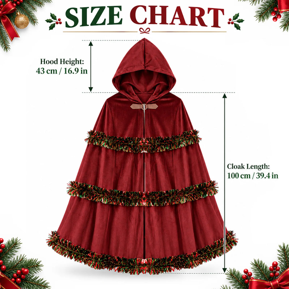 The red cloak size diagram shows hood height and cloak length in two units.