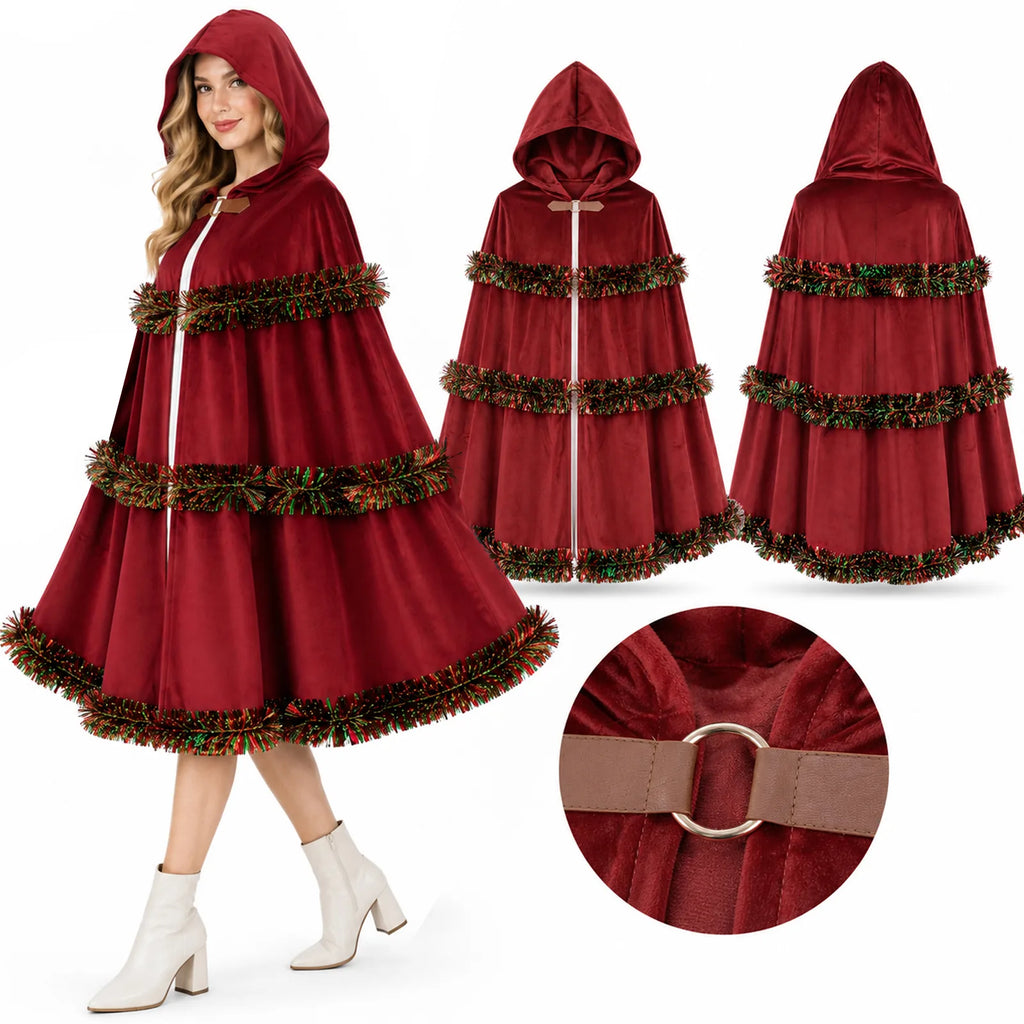 The red cloak is shown on a model, from both sides, and at the ring closure.
