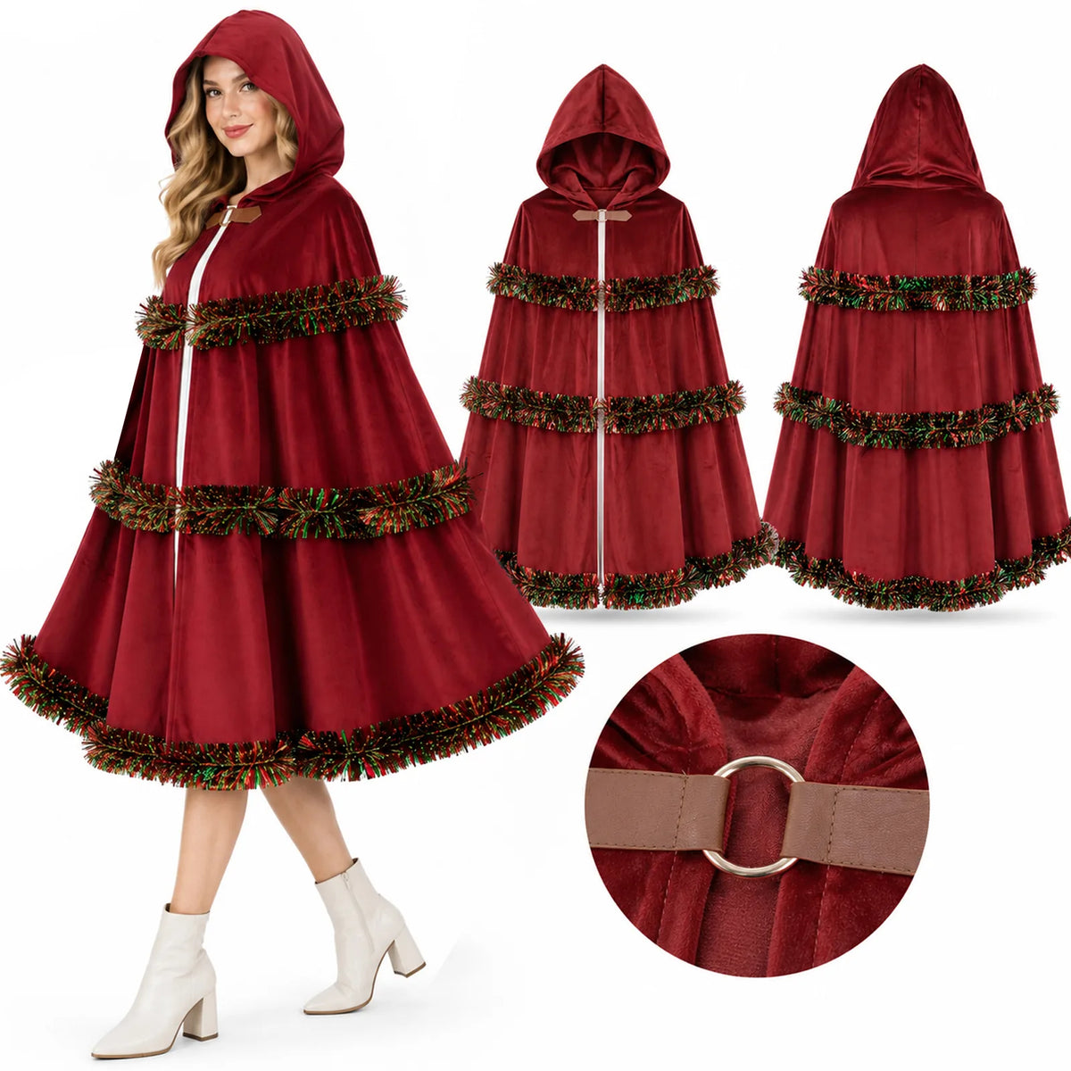 The red cloak is shown on a model, from both sides, and at the ring closure.