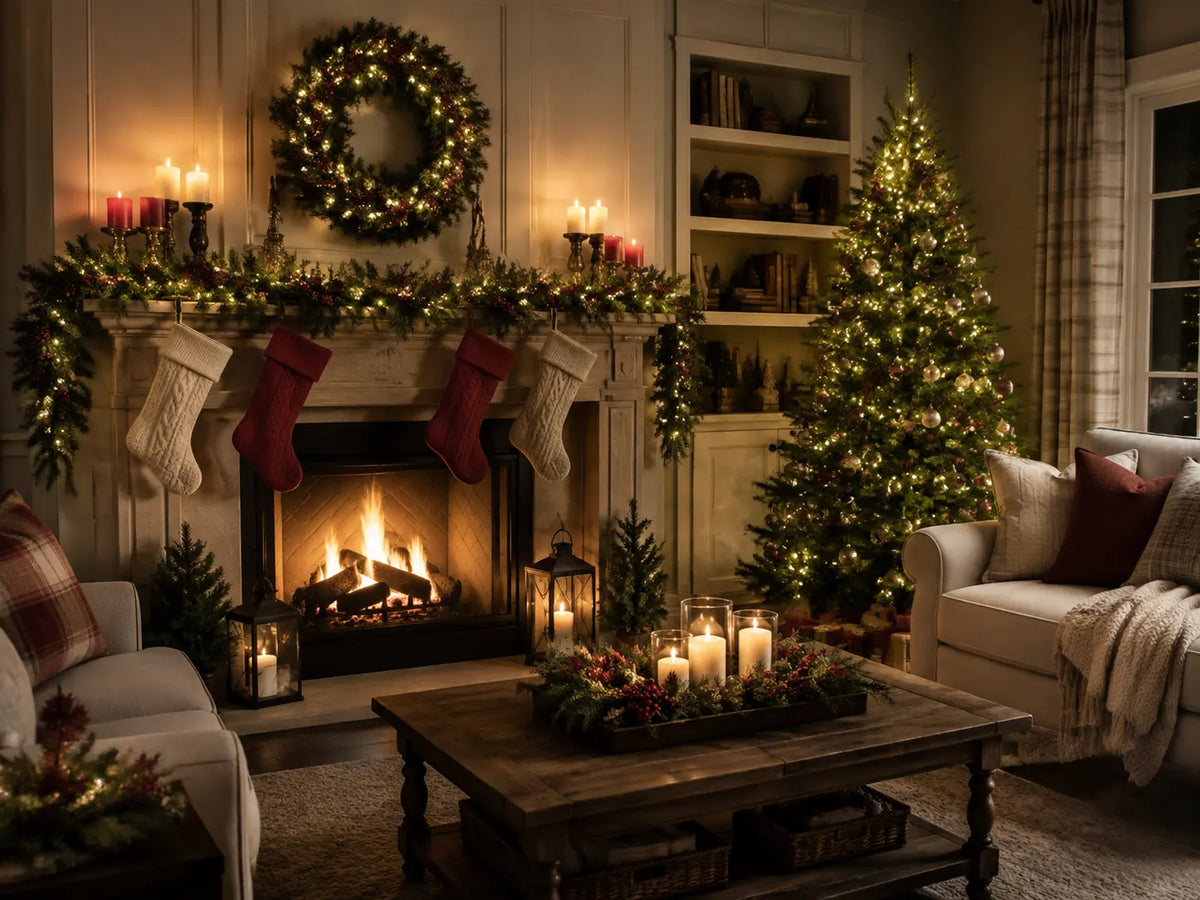 Christmas living room decorated with garlands, lights, candles, stockings and a tree