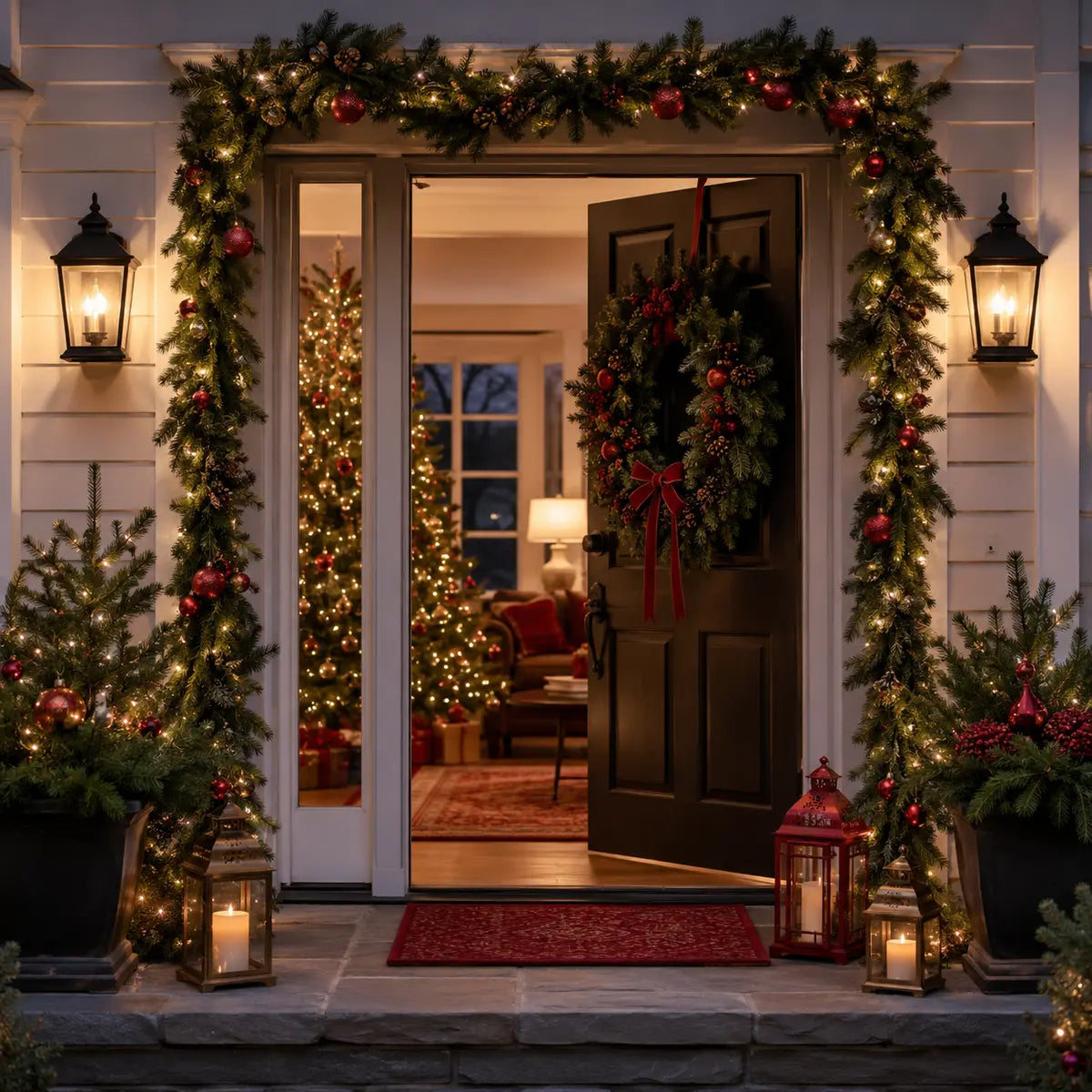 Christmas front entrance with evergreen garland, warm lights, wreath and indoor tree