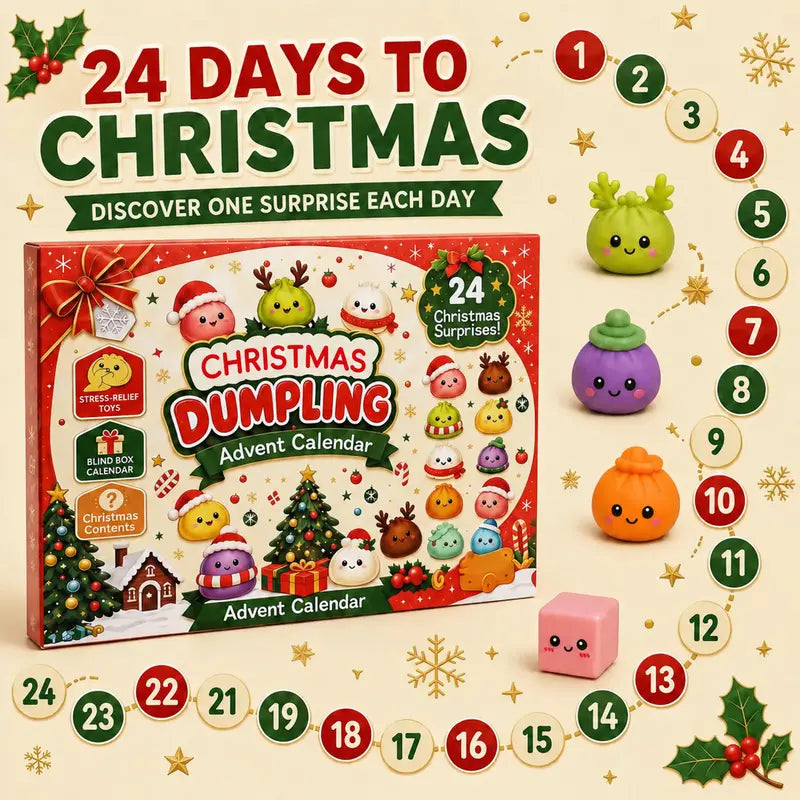 Graphic showing 24 days of Christmas surprises with the dumpling advent calendar box and numbered days arranged around it.