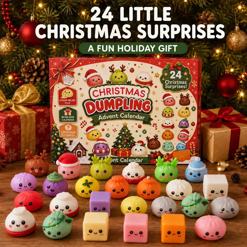 Christmas dumpling advent calendar box surrounded by many colorful mini squishy dumplings and cube figures on a wooden table.
