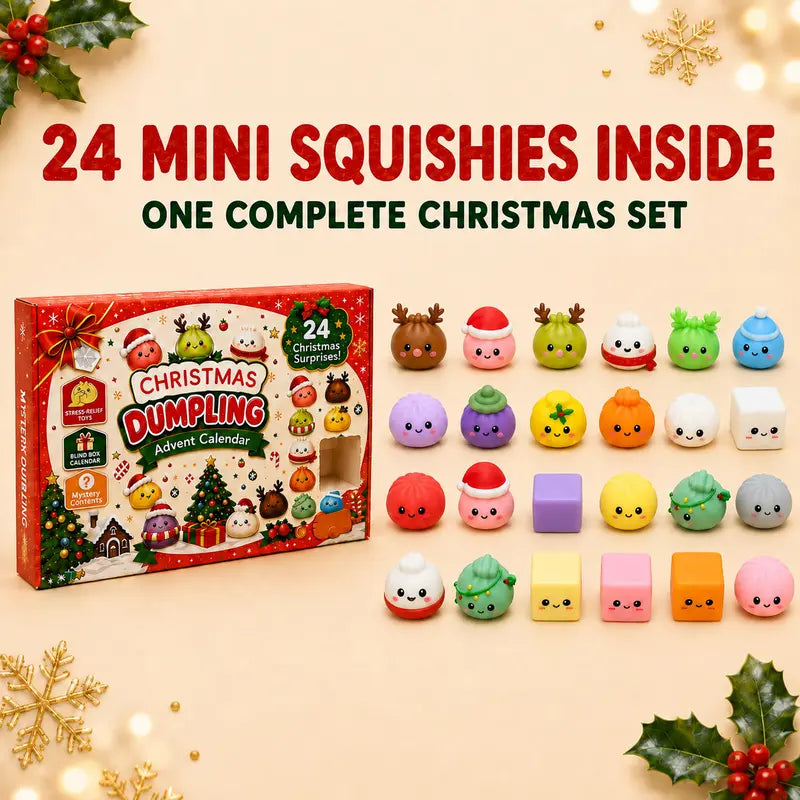 Christmas dumpling advent calendar box beside all 24 mini squishies arranged in rows, showing the complete Christmas set.