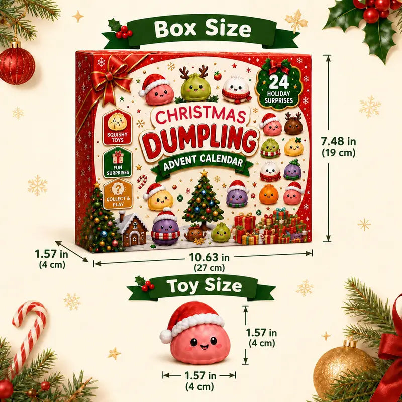 Size graphic for the Christmas dumpling advent calendar box and a single toy, with width, height, and depth measurements shown.