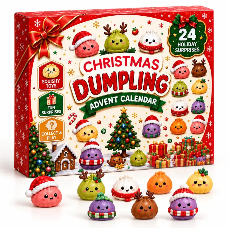 Red Christmas dumpling advent calendar box with cute dumpling characters in Santa hats and reindeer antlers standing in front of it.