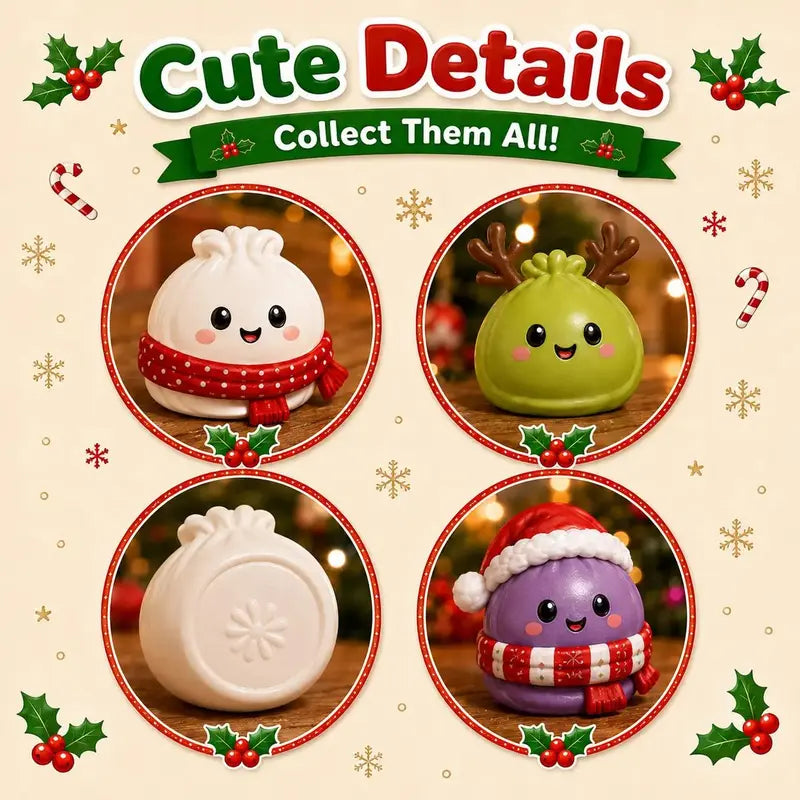 Four close-up views show dumpling squishy details, including a scarf, reindeer antlers, a Santa hat, and the underside of a figure.