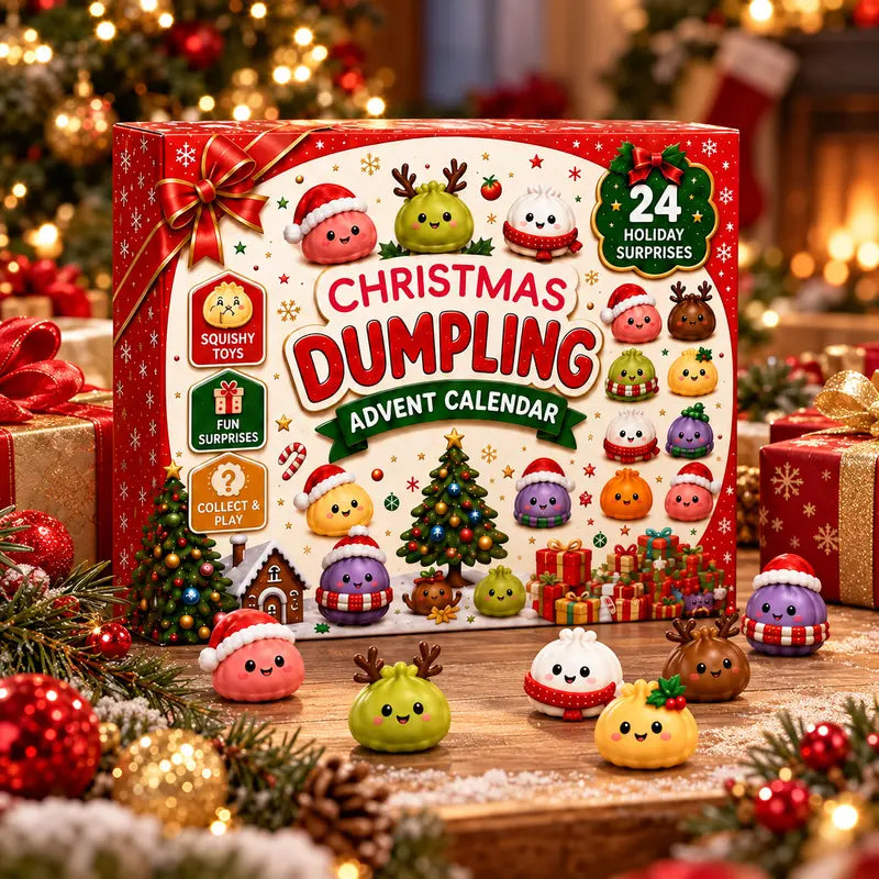 Christmas dumpling advent calendar box on a festive table with gifts, ornaments, and mini squishy figures arranged in front.