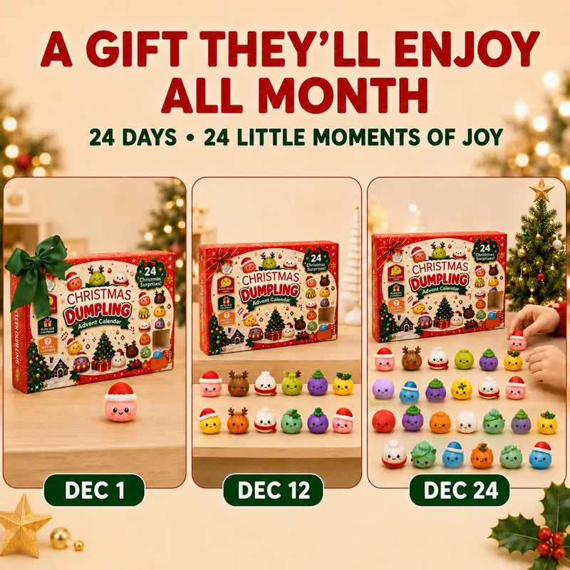 Three panels showing the dumpling advent calendar collection growing from December 1 to December 12 and finally December 24.