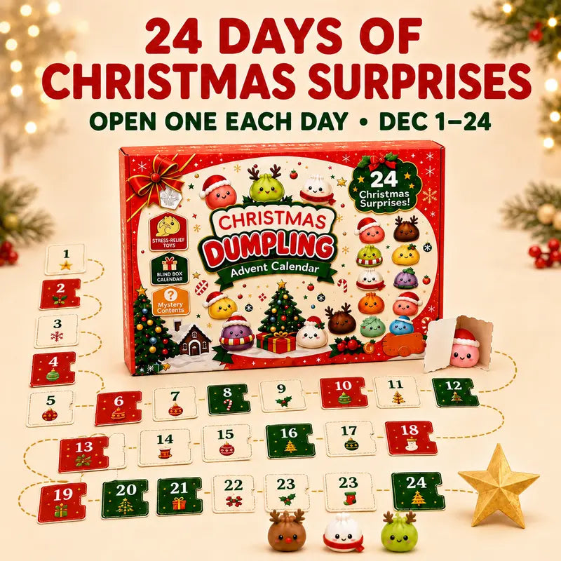 Graphic explaining 24 days of Christmas surprises, open one each day from December 1 to 24, with numbered doors below the box.