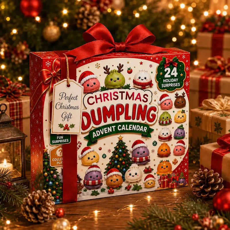 Christmas dumpling advent calendar box tied with a red ribbon, presented as a perfect Christmas gift among holiday decorations.