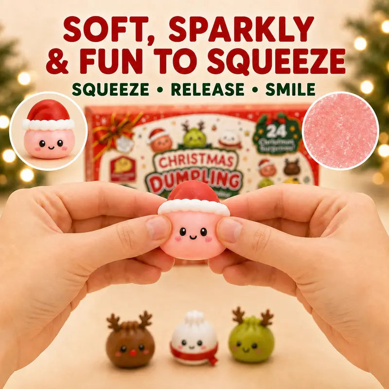 Hands squeezing a soft pink dumpling squishy wearing a Santa hat, with glitter texture shown in a close-up circle.