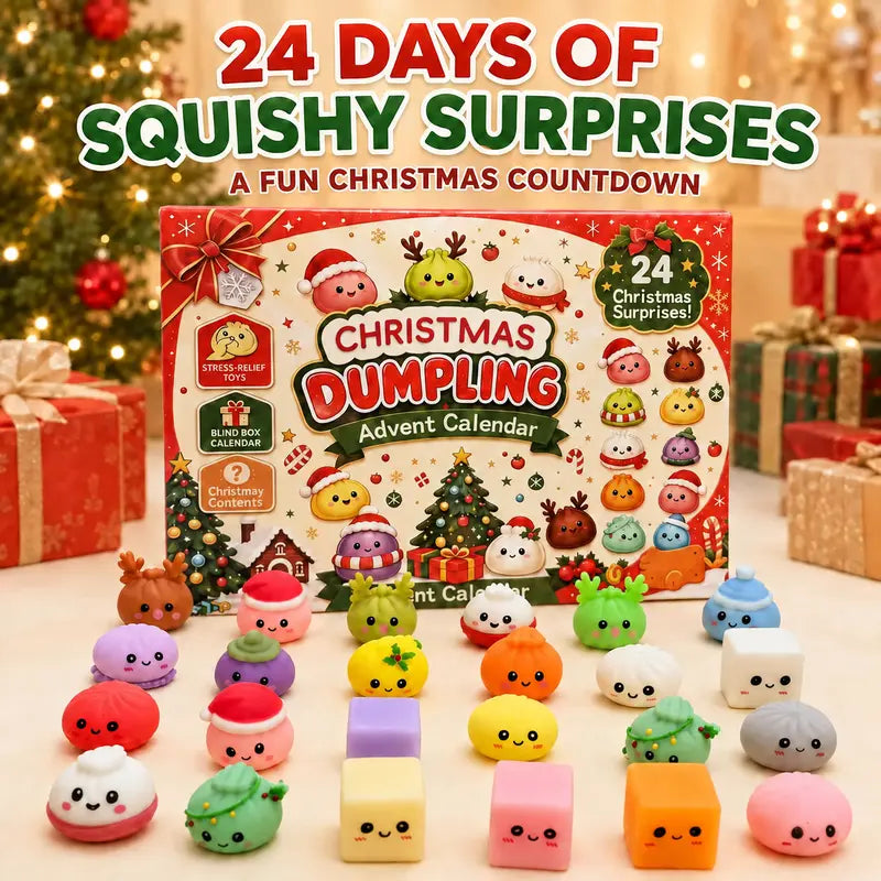Christmas dumpling advent calendar box with rows of small squishy dumpling and cube figures displayed in front of it.