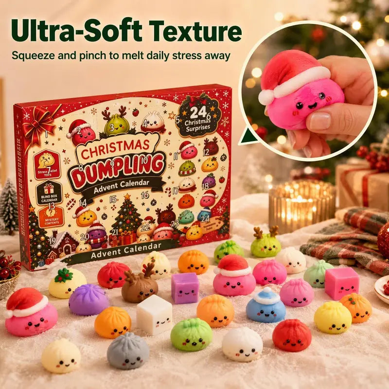 Hand pinching a pink Santa hat dumpling squishy in front of the Christmas dumpling advent calendar box and other figures.