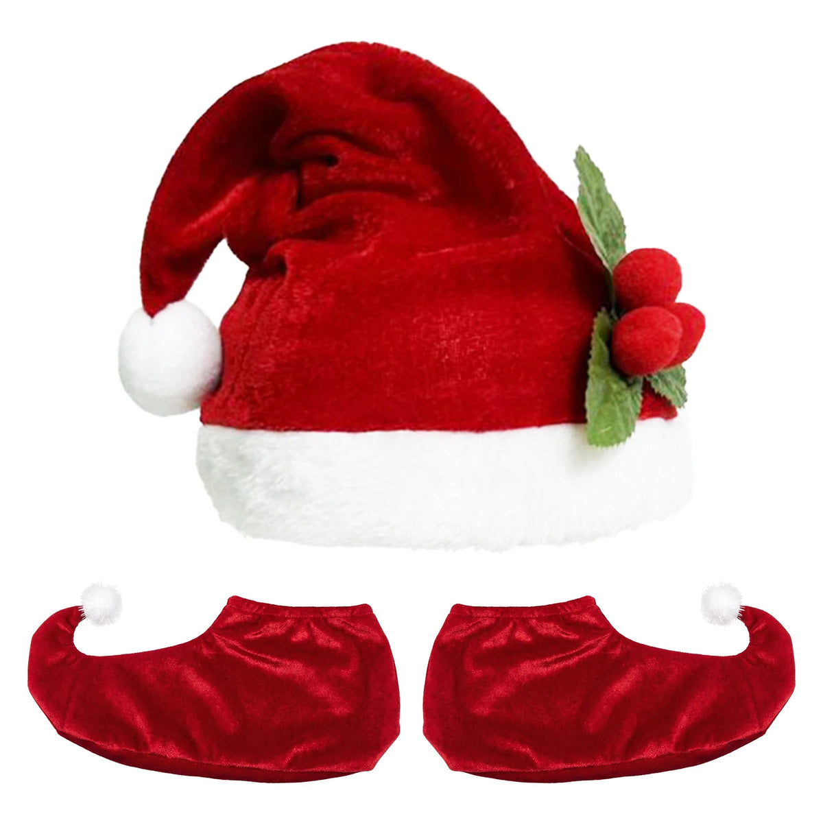 Red Santa hat and pair of red elf shoes shown together.