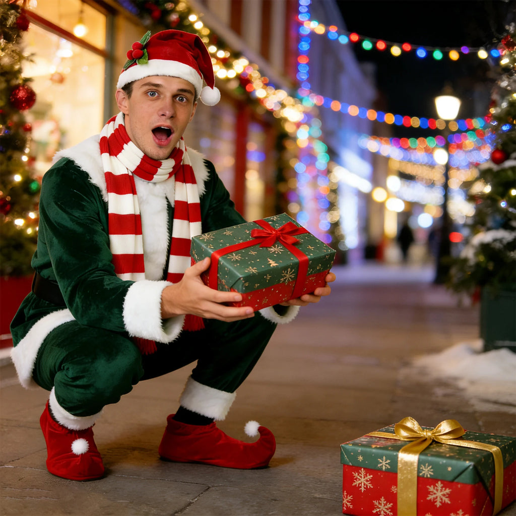 Model wearing the accessories poses in a Christmas street scene.