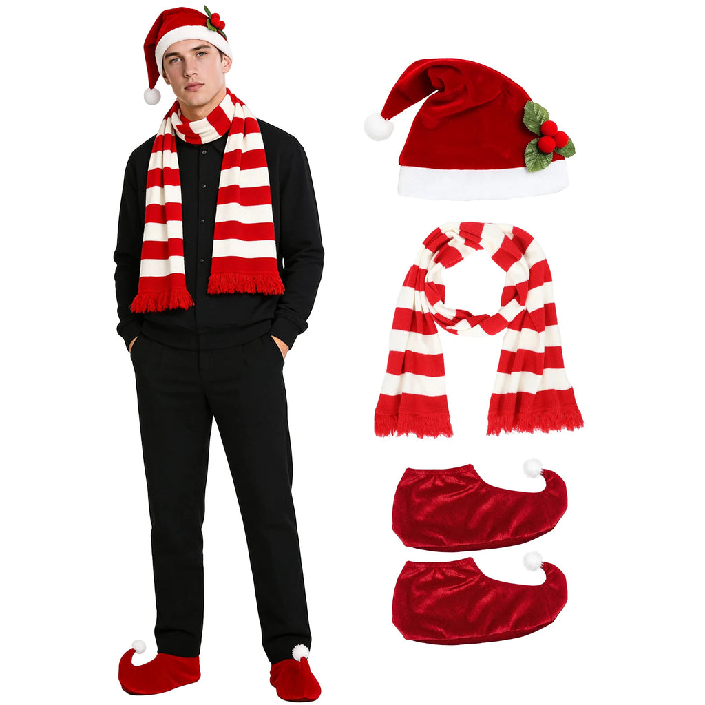 Man wearing the red hat striped scarf and matching elf shoes.