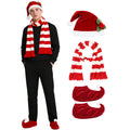 Man wearing the red hat striped scarf and matching elf shoes.