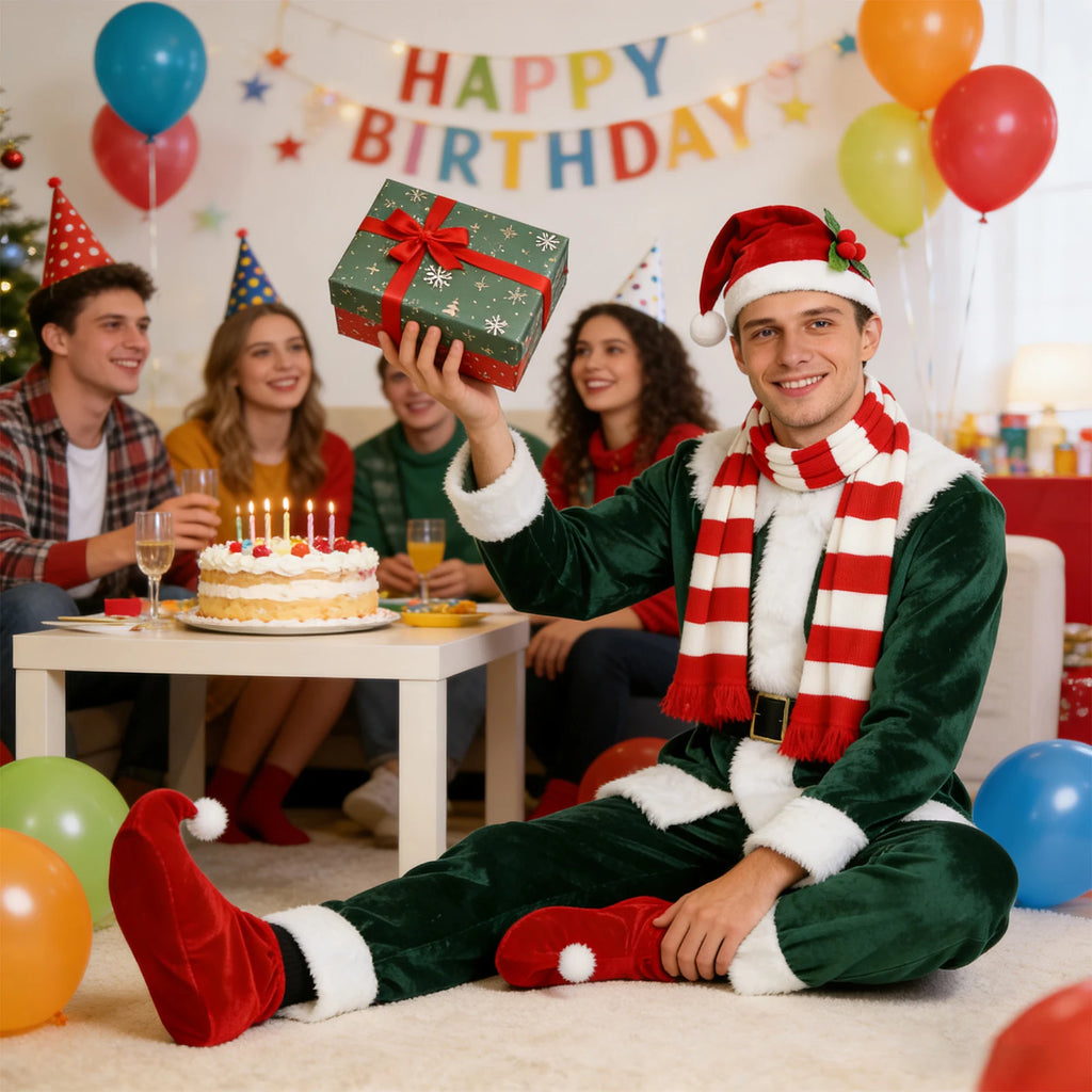 Model wearing festive accessories sits at a decorated birthday party.