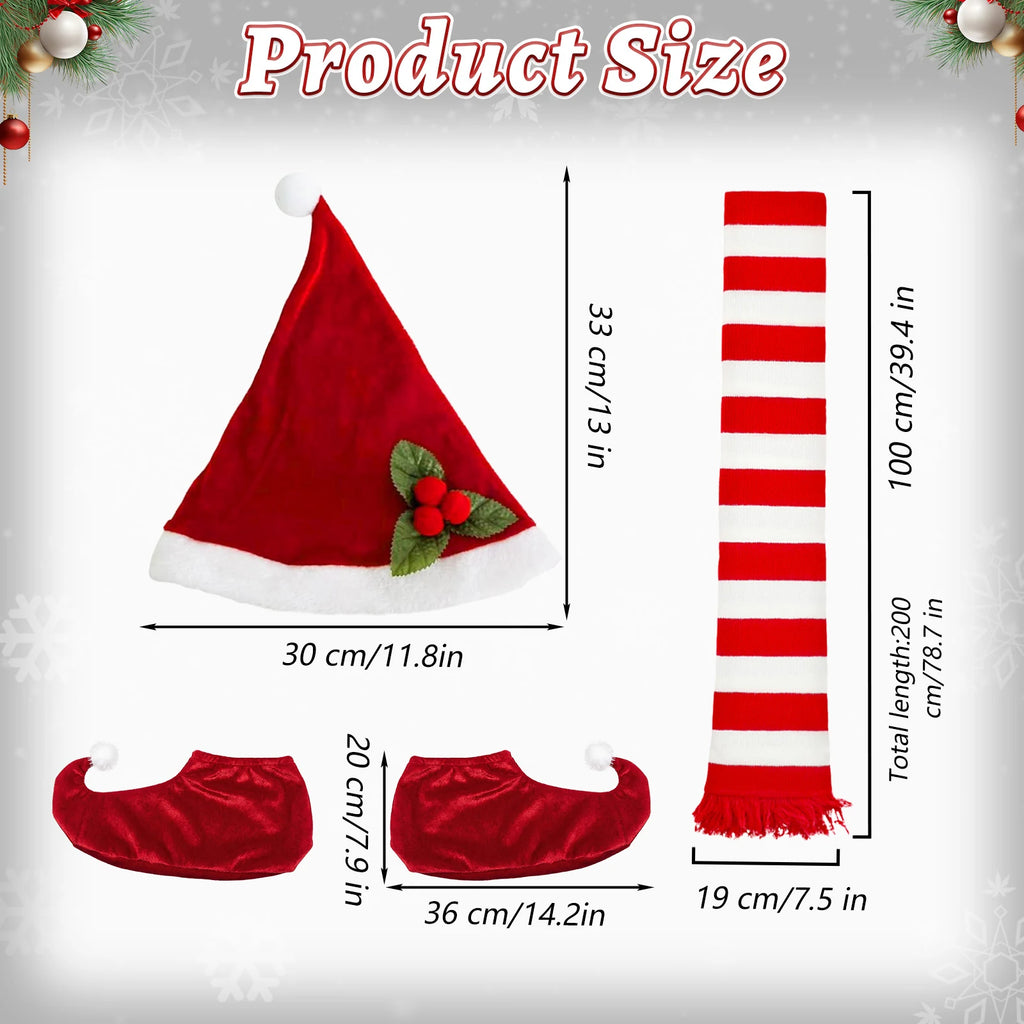 Size graphic for the hat scarf and red elf shoes.