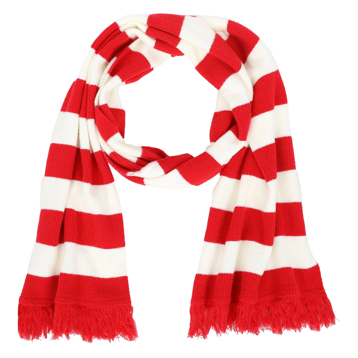 Red and white striped scarf with fringed ends on white.