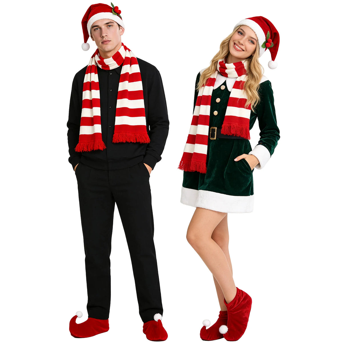 Two models wear the red hat scarf and elf shoes.