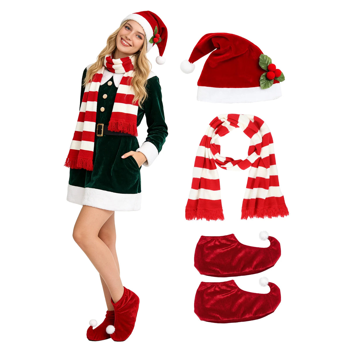 Woman wearing the red hat striped scarf and matching elf shoes.
