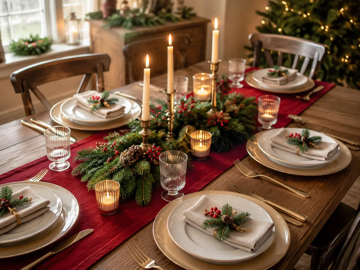 Christmas dining table with a red runner, evergreen accents, candles and white tableware