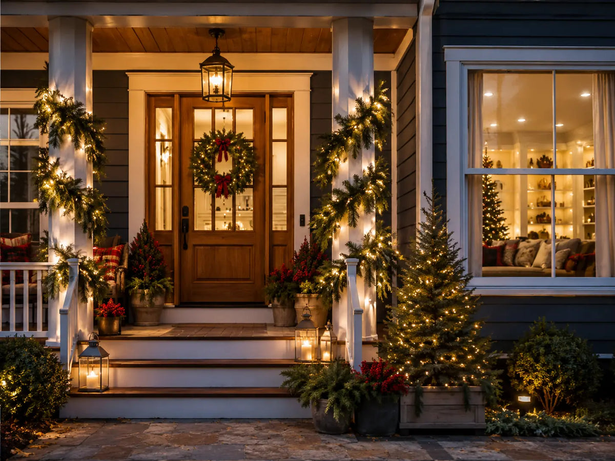 Christmas front porch with warm lights, greenery and coordinated indoor decorations