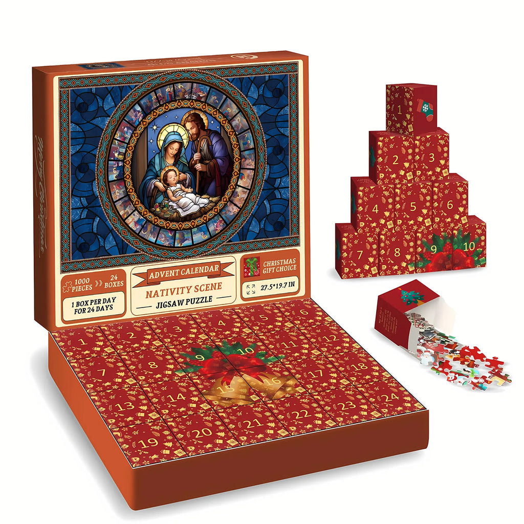 Christmas jigsaw puzzle advent calendar with 1000-piece Nativity artwork and 24 red numbered boxes.