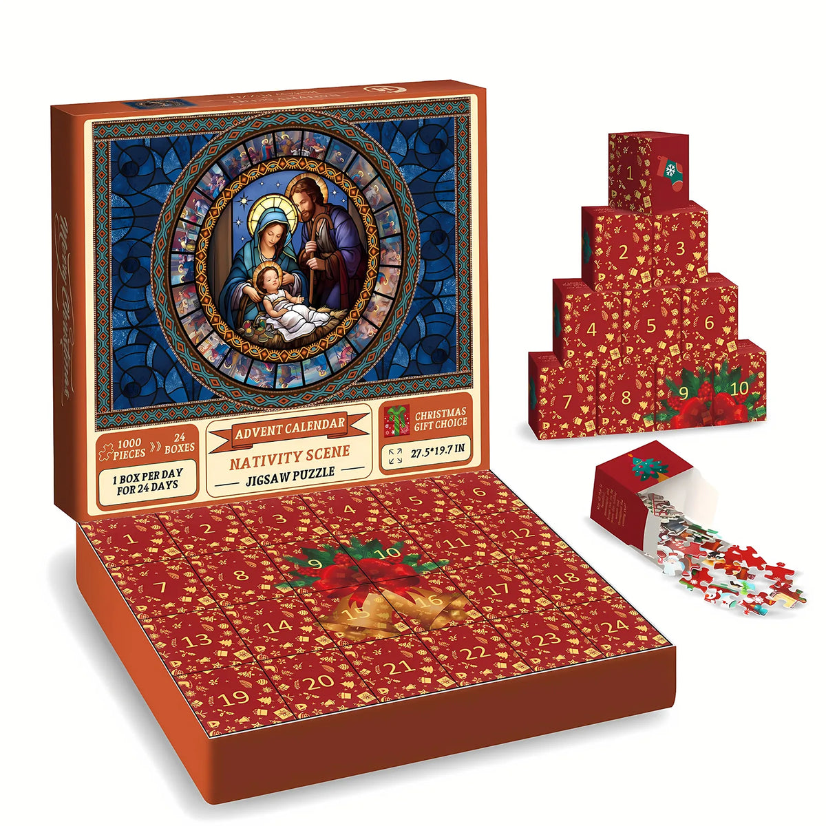 Christmas jigsaw puzzle advent calendar with 1000-piece Nativity artwork and 24 red numbered boxes.