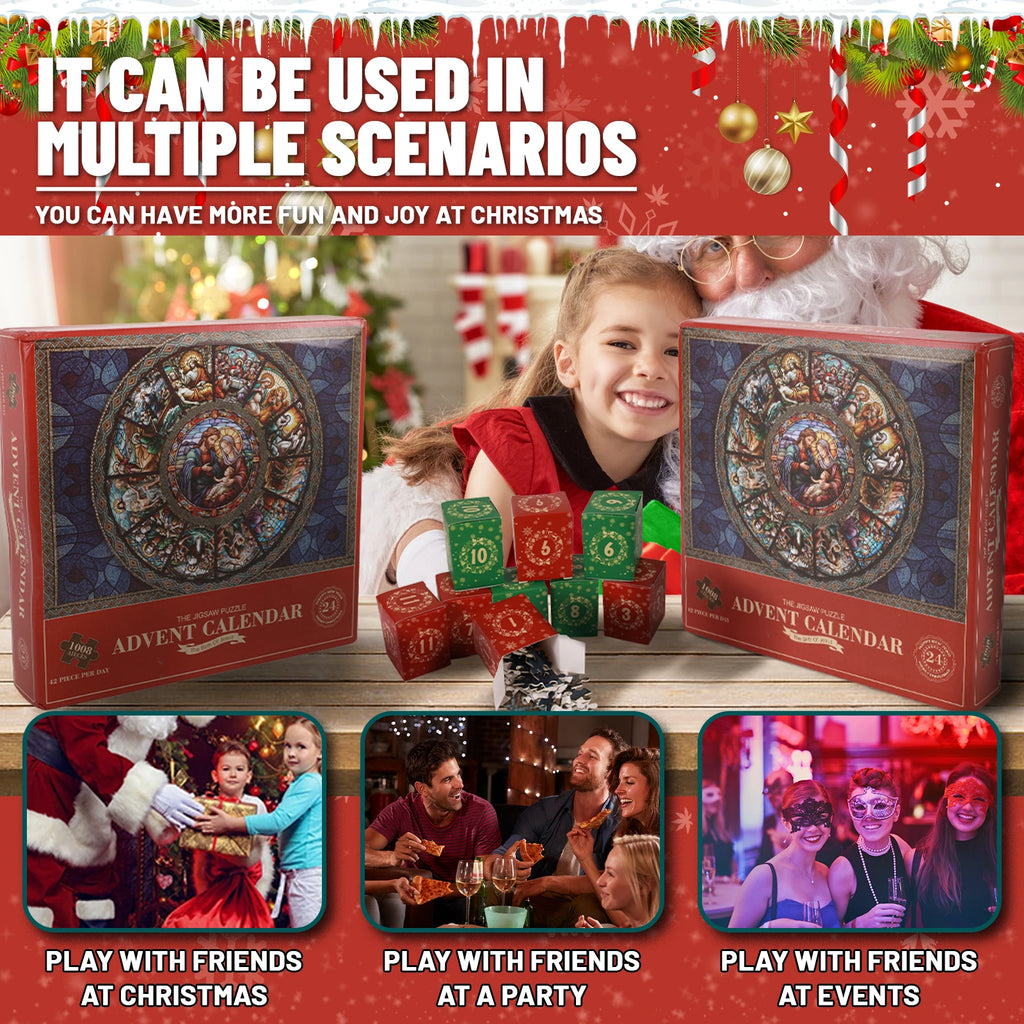 Nativity puzzle calendar packaging and numbered boxes above illustrations of Christmas gift-giving and social gatherings.