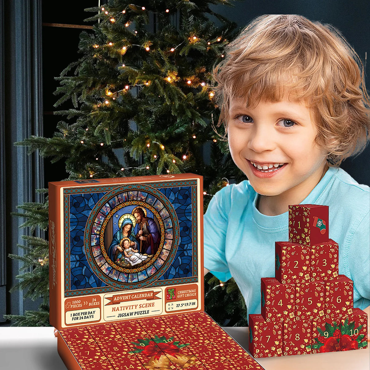 Christmas jigsaw puzzle calendar displayed on a table beside a person.