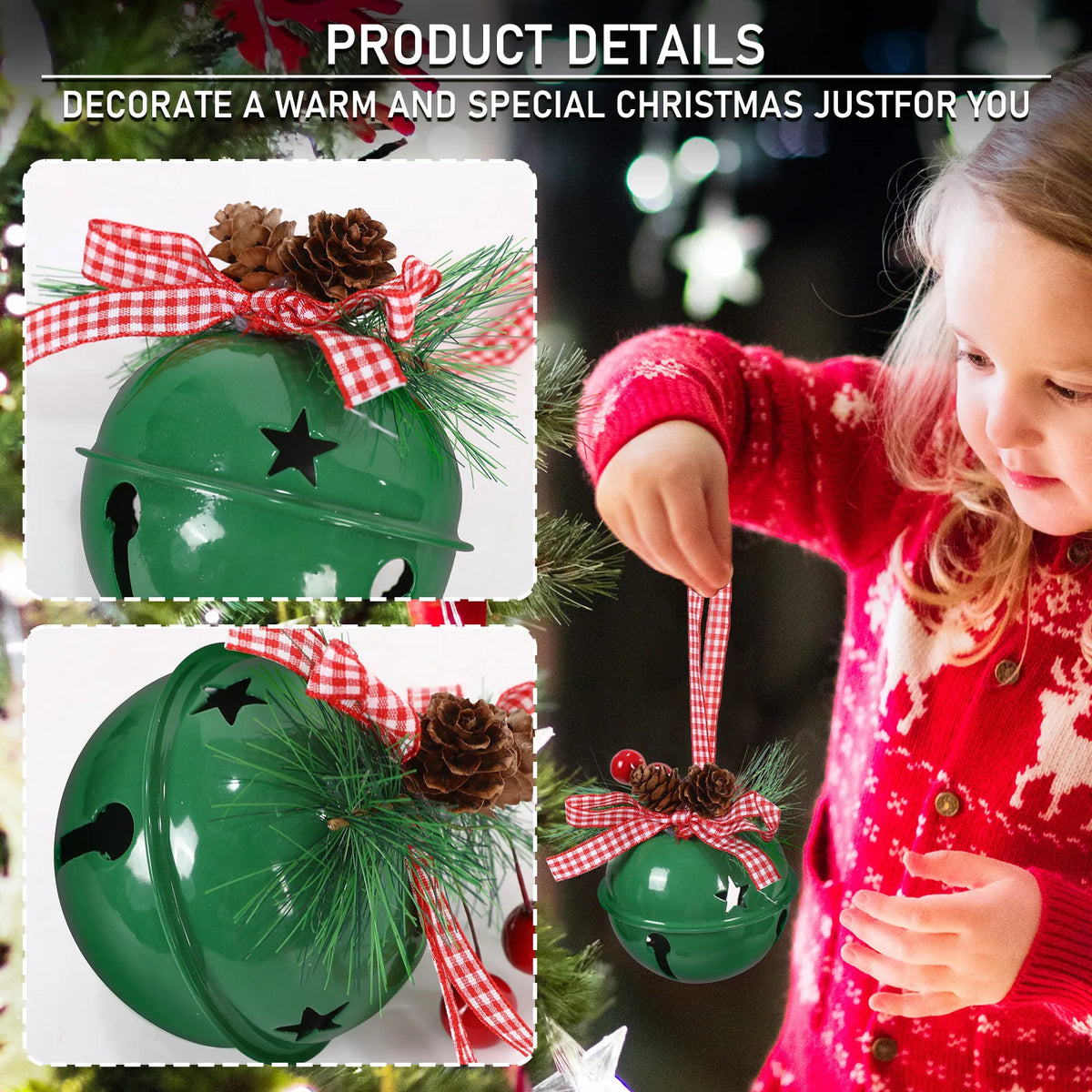 Product details of the Green jingle bell ornament with a child hanging it on a Christmas tree