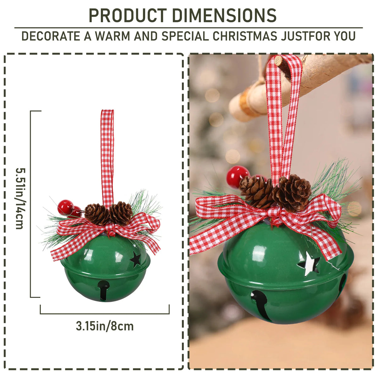 Product dimensions of the Green Christmas bell ornament, 5.51 inches tall and 3.15 inches wide