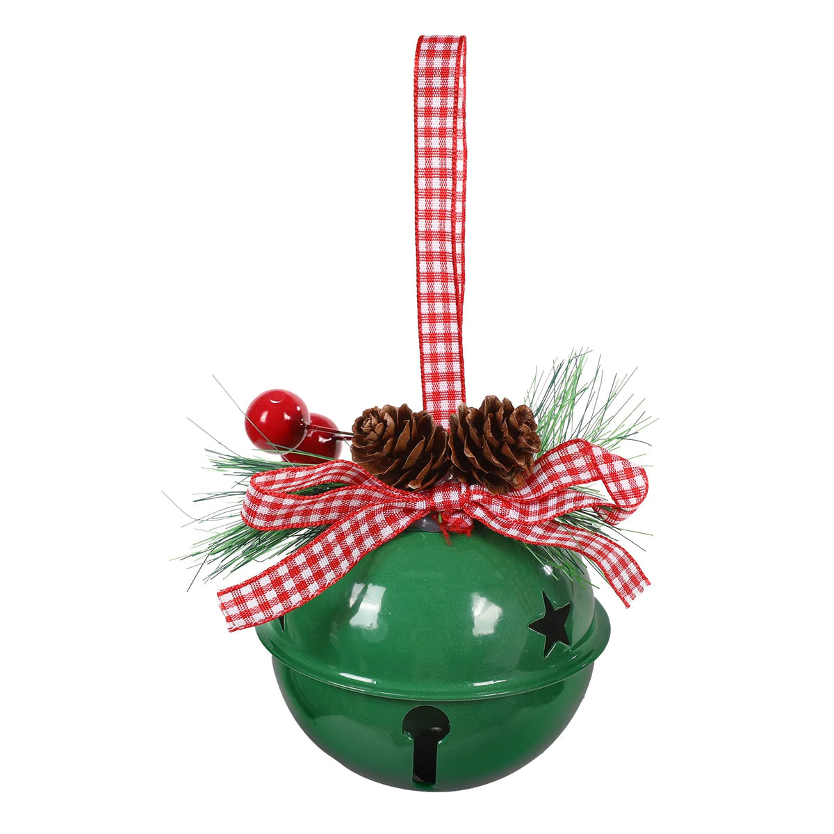 Front view of the Green Christmas jingle bell ornament hanging from a red gingham ribbon loop